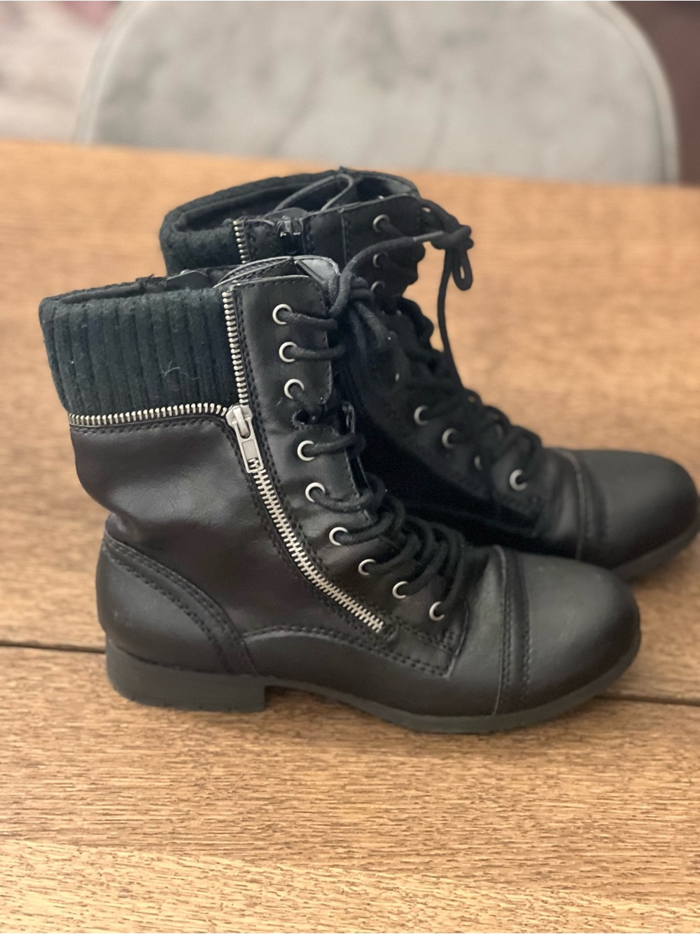 George Black Lace-Up Combat Boots with Side Zipper